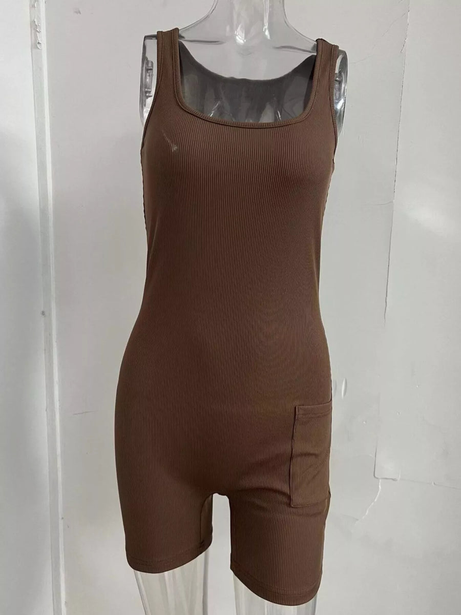 Brown sleeveless jumpsuit on a mannequin against a white background