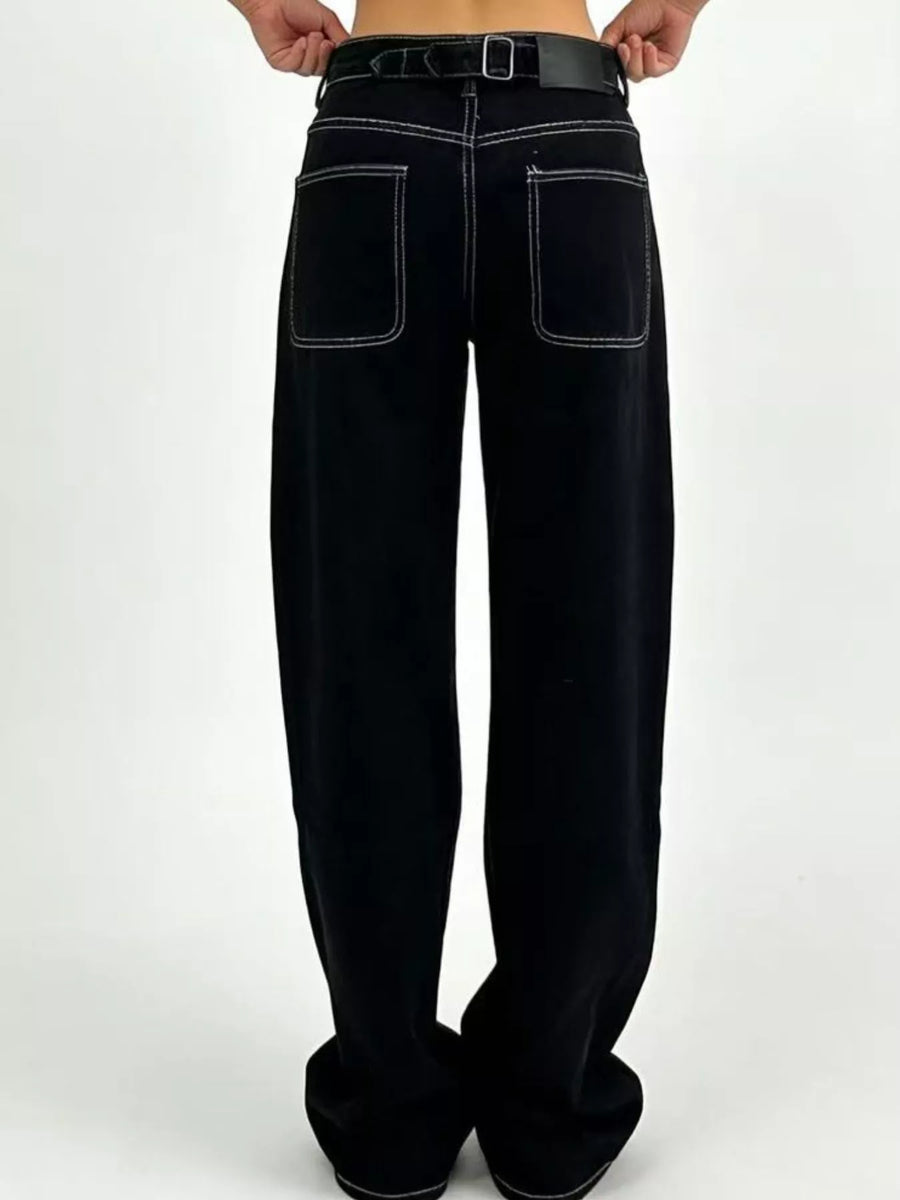 Black wide-leg jeans on a white background