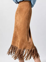 A side view of High-Waisted Fringe Midi Skirt