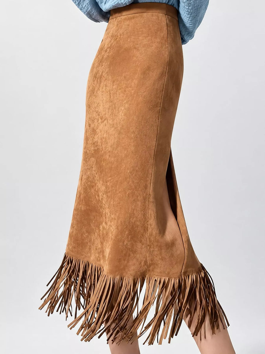 A side view of High-Waisted Fringe Midi Skirt