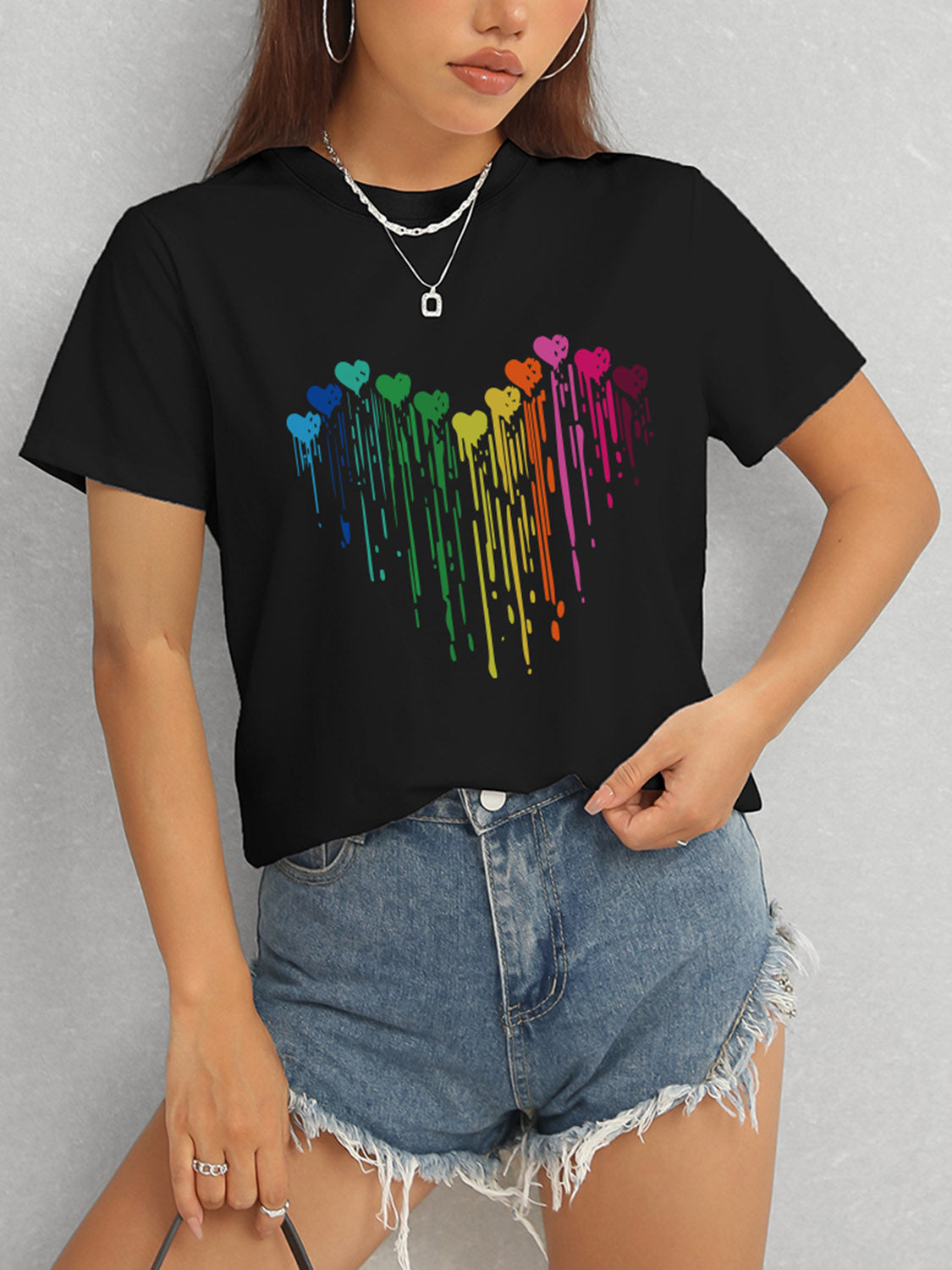 Black Heart Round Neck Short Sleeve T-Shirt