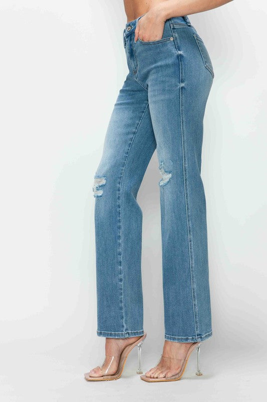 Model showing pocket on bytos Full Size Distressed High Rise Straight Jeans