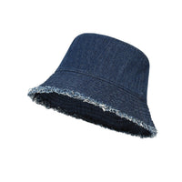 Blue denim bucket hat on a white background