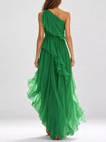 view of the back of green One-Shoulder Ruffled Chiffon Maxi Dress