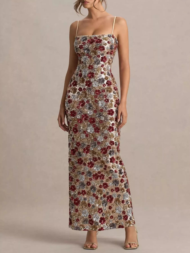 Woman wearing a floral dress against a beige background