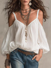 Women White Chic Flowy Cold Shoulder Balloon Sleeve Blouse