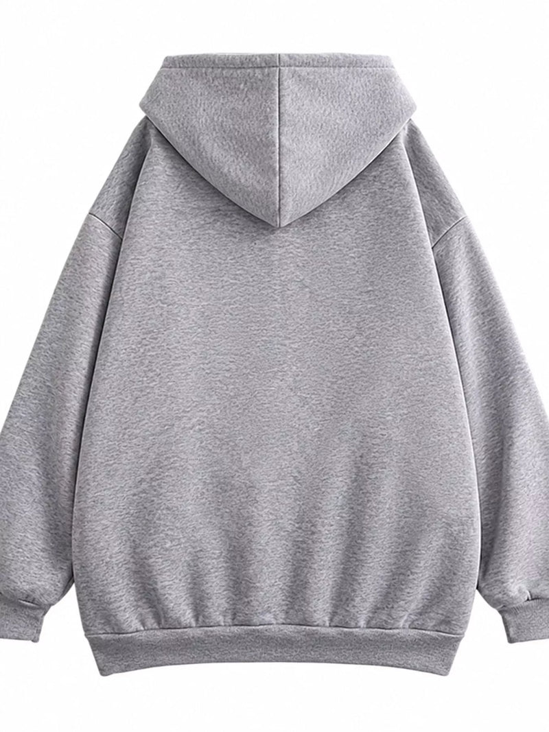 A light gray heathered pullover hoodie shown from the back, featuring a relaxed fit, ribbed cuffs, and a ribbed hem against a plain white background.