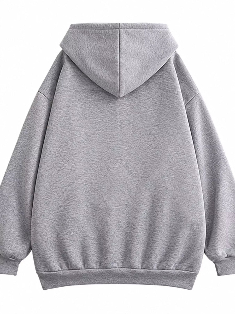 A light gray heathered pullover hoodie shown from the back, featuring a relaxed fit, ribbed cuffs, and a ribbed hem against a plain white background.