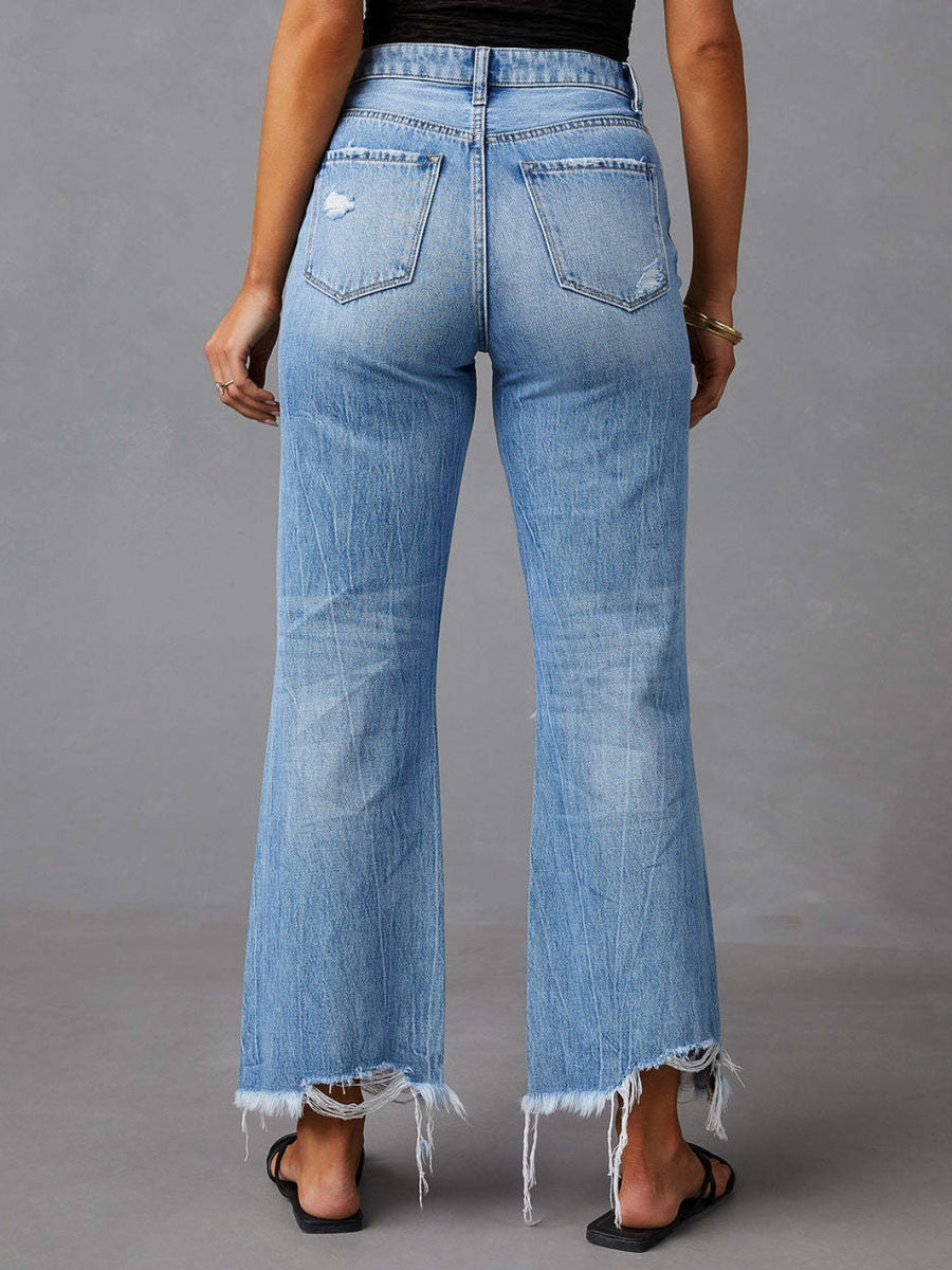 Women's Trendy Distressed Raw Hem Jeans with Pockets