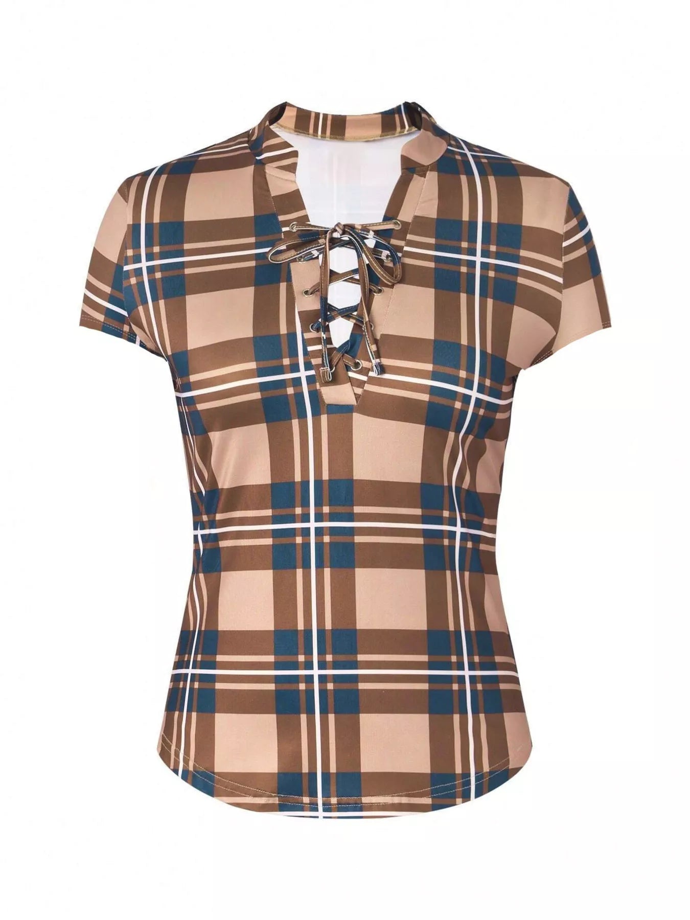 Plaid shirt with button details on a white background