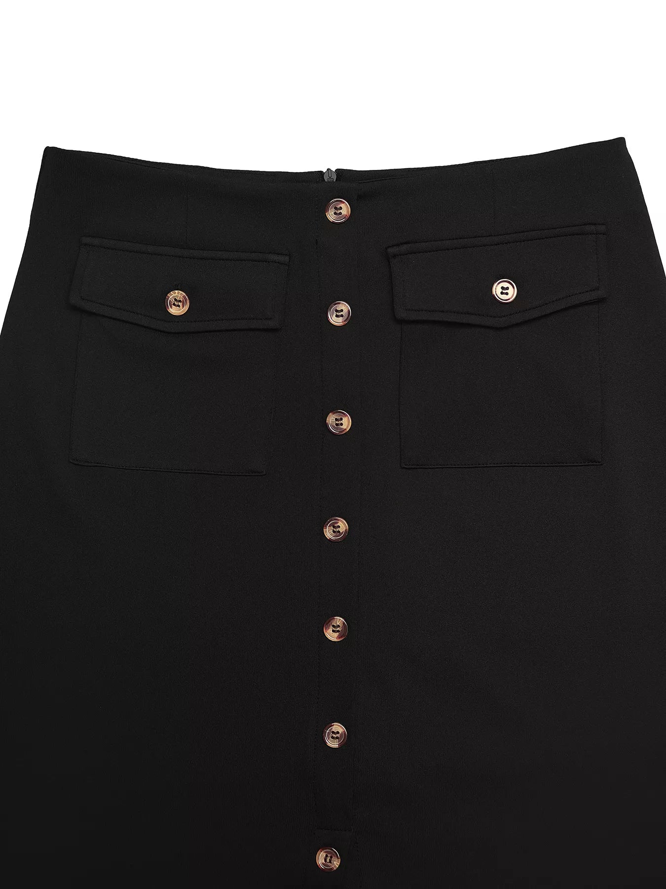 Black skirt with button details on a white background