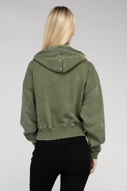 Green women&#39;s Acid Wash Fleece Cropped Zip-Up Hoodie