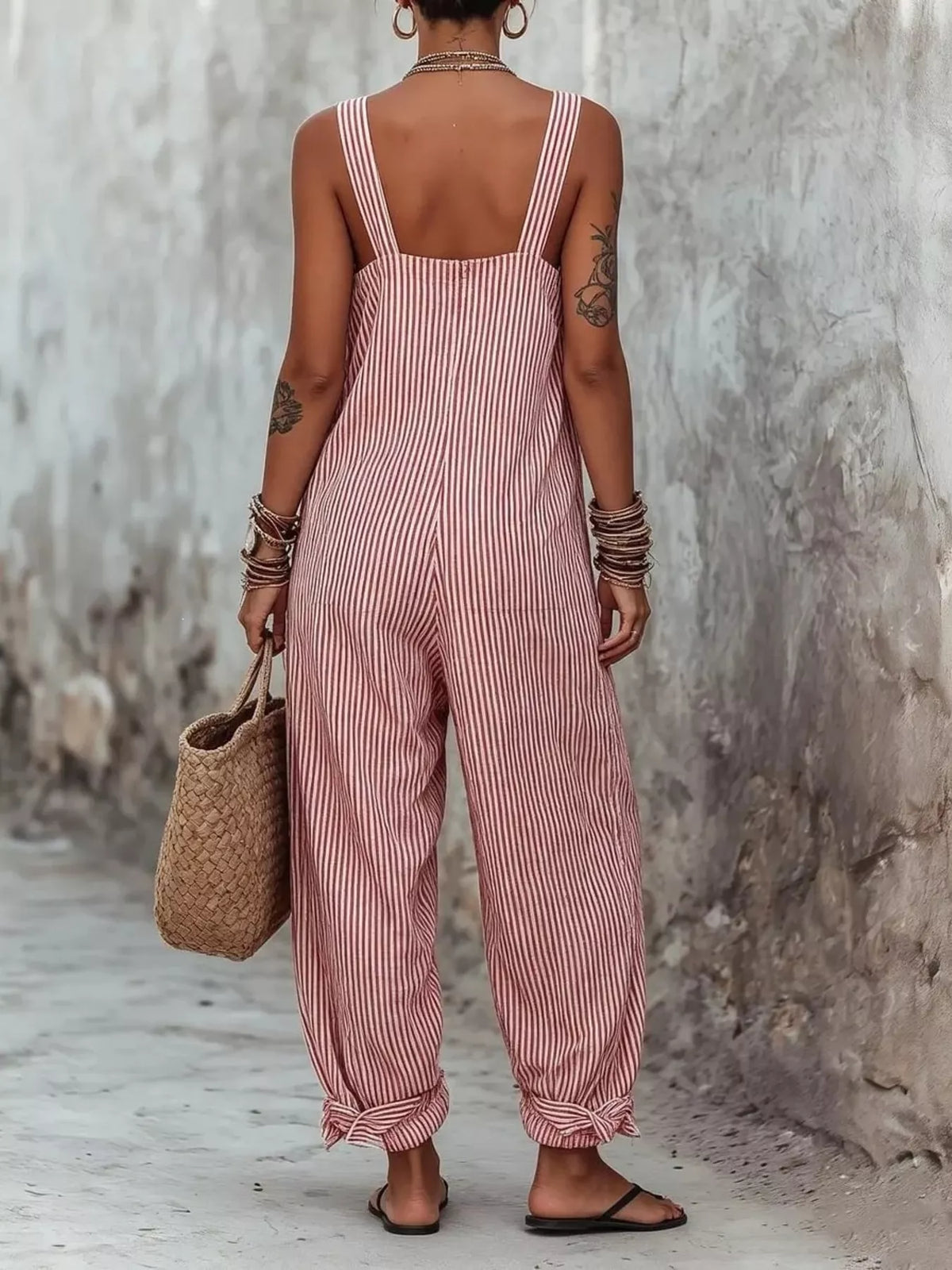 Person wearing a red and white striped jumpsuit against a textured wall.