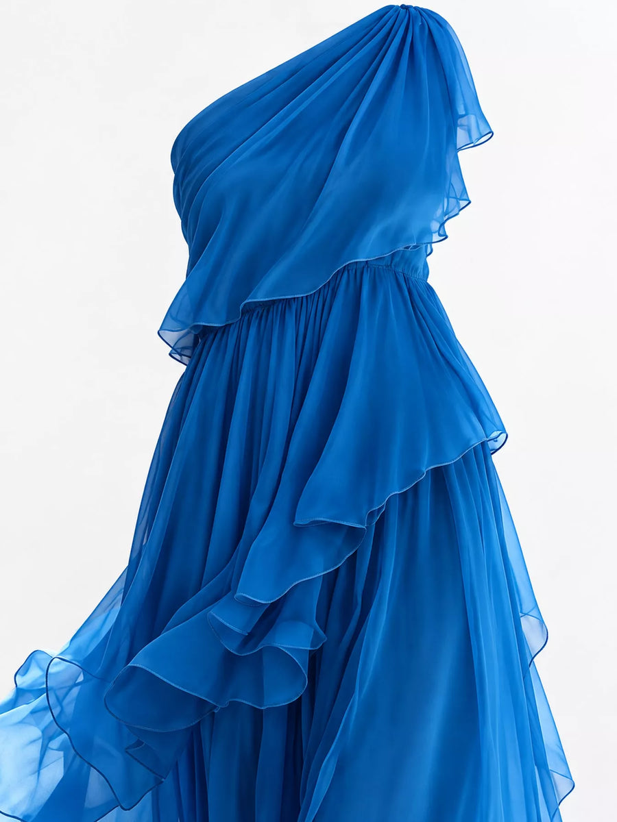 A zoom in view of blue One-Shoulder Ruffled Chiffon Maxi Dress on a white background