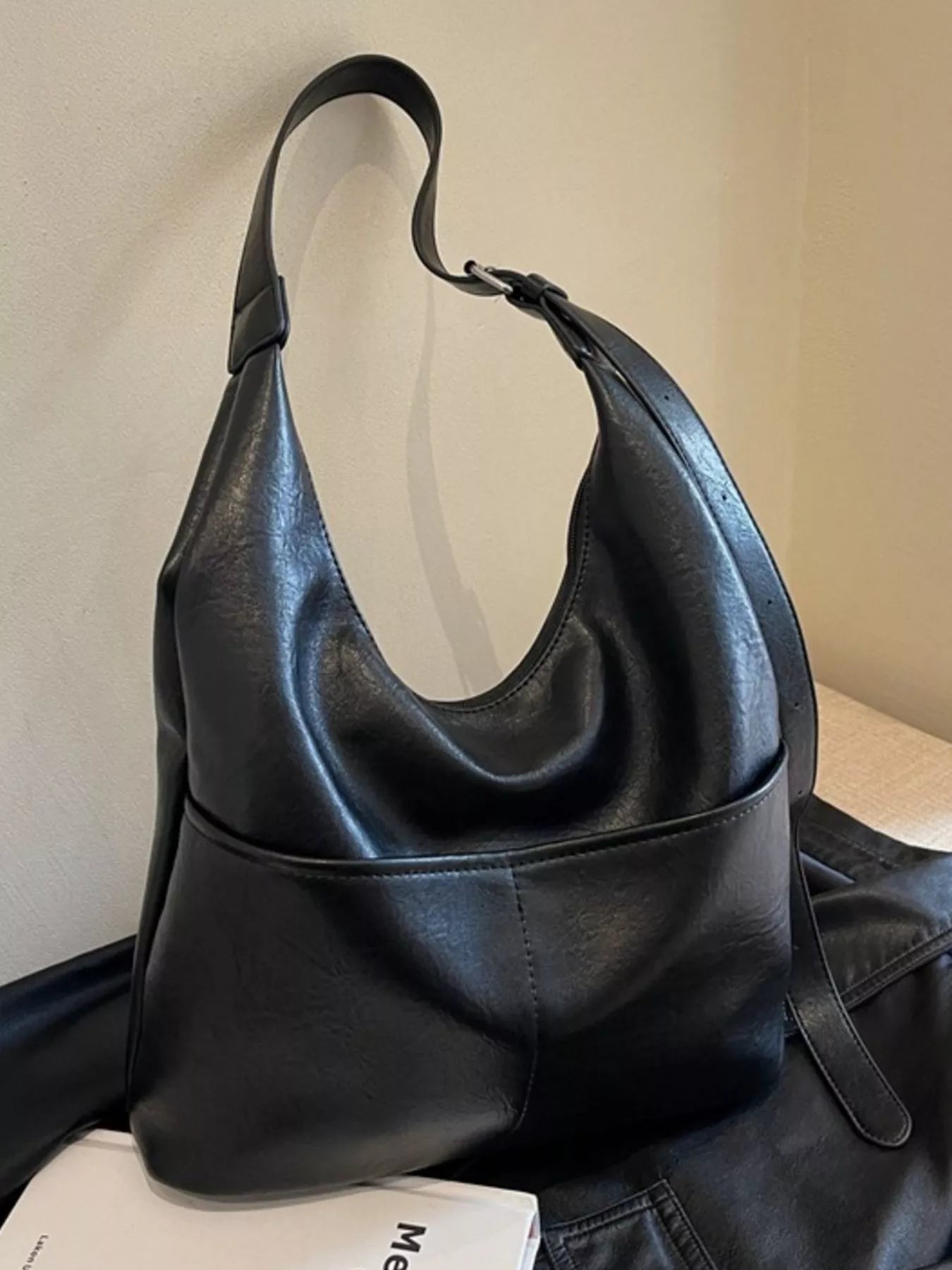 A close of the black Adjustable Strap Shoulder Bag For Women