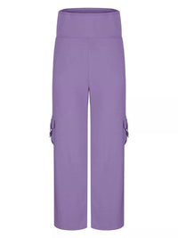 Purple cargo pants on a white background