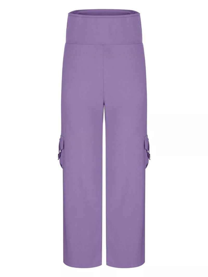 Purple cargo pants on a white background