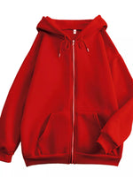 A bright red zip-up hoodie with a drawstring hood and front kangaroo pockets, shown against a plain white background.