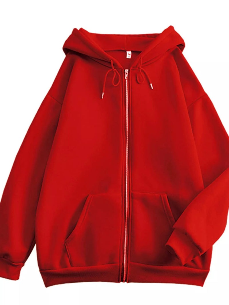 A bright red zip-up hoodie with a drawstring hood and front kangaroo pockets, shown against a plain white background.