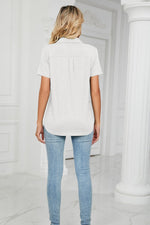 Back view of white Curved Hem Johnny Collar Polo Shirt
