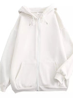 A white zip-up hoodie with a drawstring hood and front pockets, shown against a plain white background.