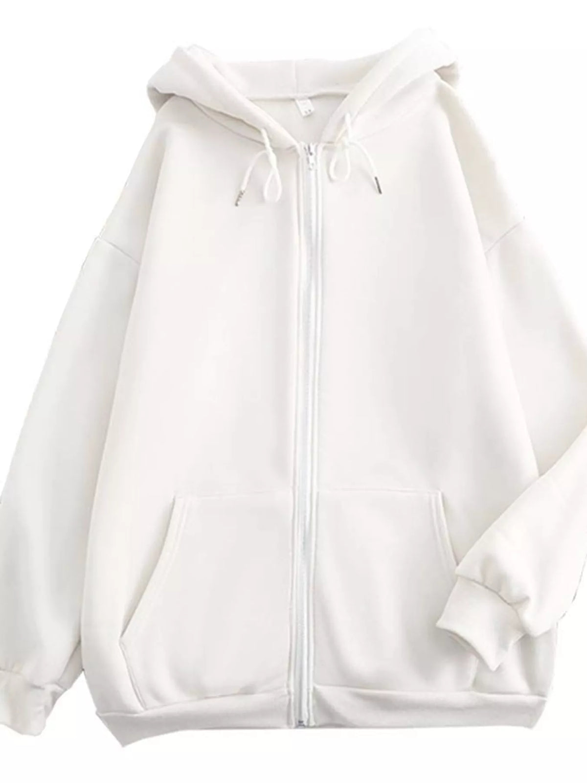 A white zip-up hoodie with a drawstring hood and front pockets, shown against a plain white background.
