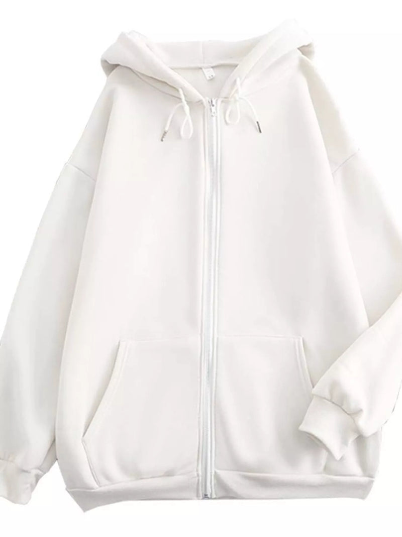 A white zip-up hoodie with a drawstring hood and front pockets, shown against a plain white background.