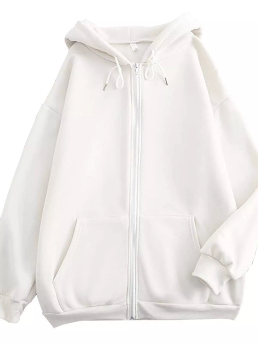 A white zip-up hoodie with a drawstring hood and front pockets, shown against a plain white background.
