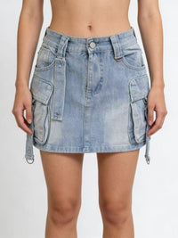 Light blue denim skirt with multiple pockets on a white background