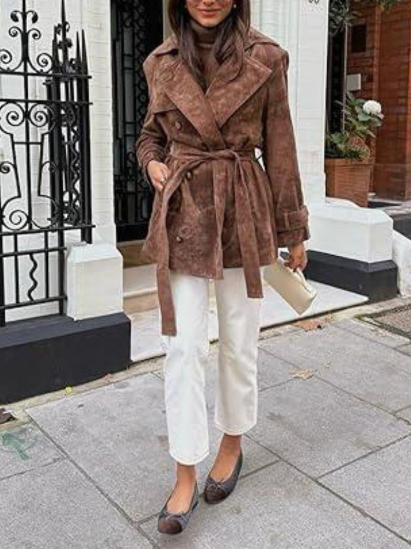 Person wearing a brown suede coat with white pants and gray shoes on a city street.