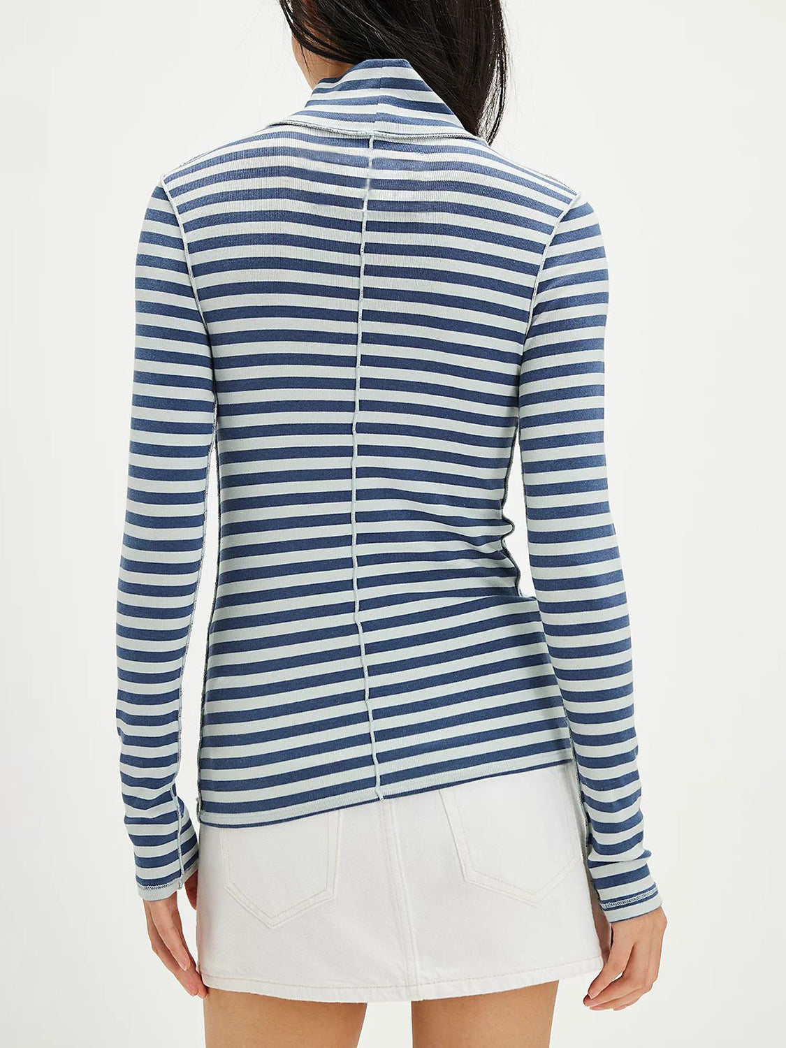 Back view of Exposed Seam Striped Turtleneck Long Sleeve T-Shirt