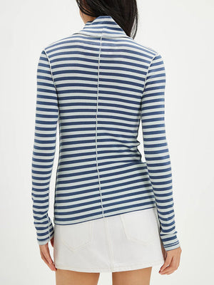 Back view of Exposed Seam Striped Turtleneck Long Sleeve T-Shirt