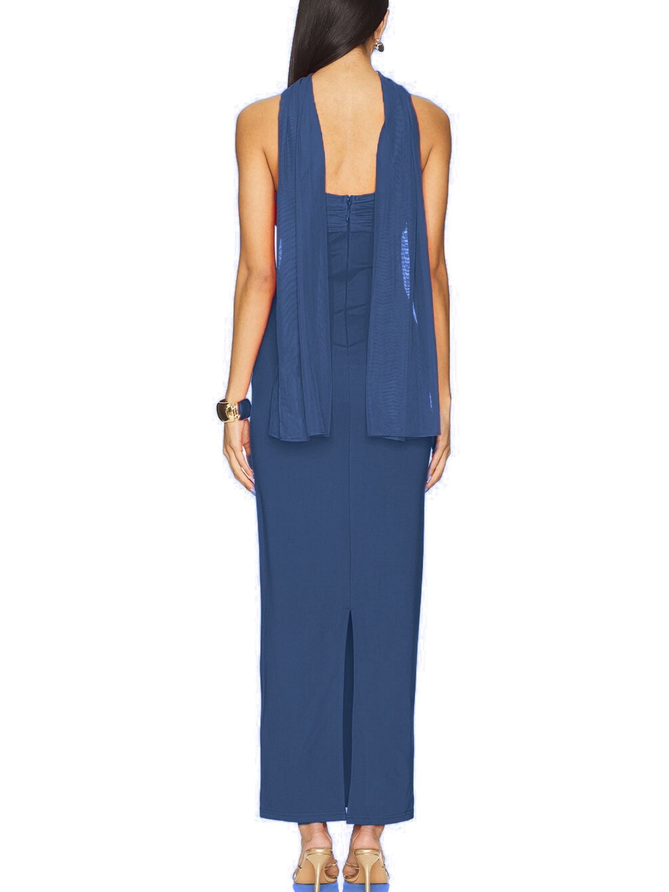 Woman wearing a blue sleeveless top and pants set on a white background