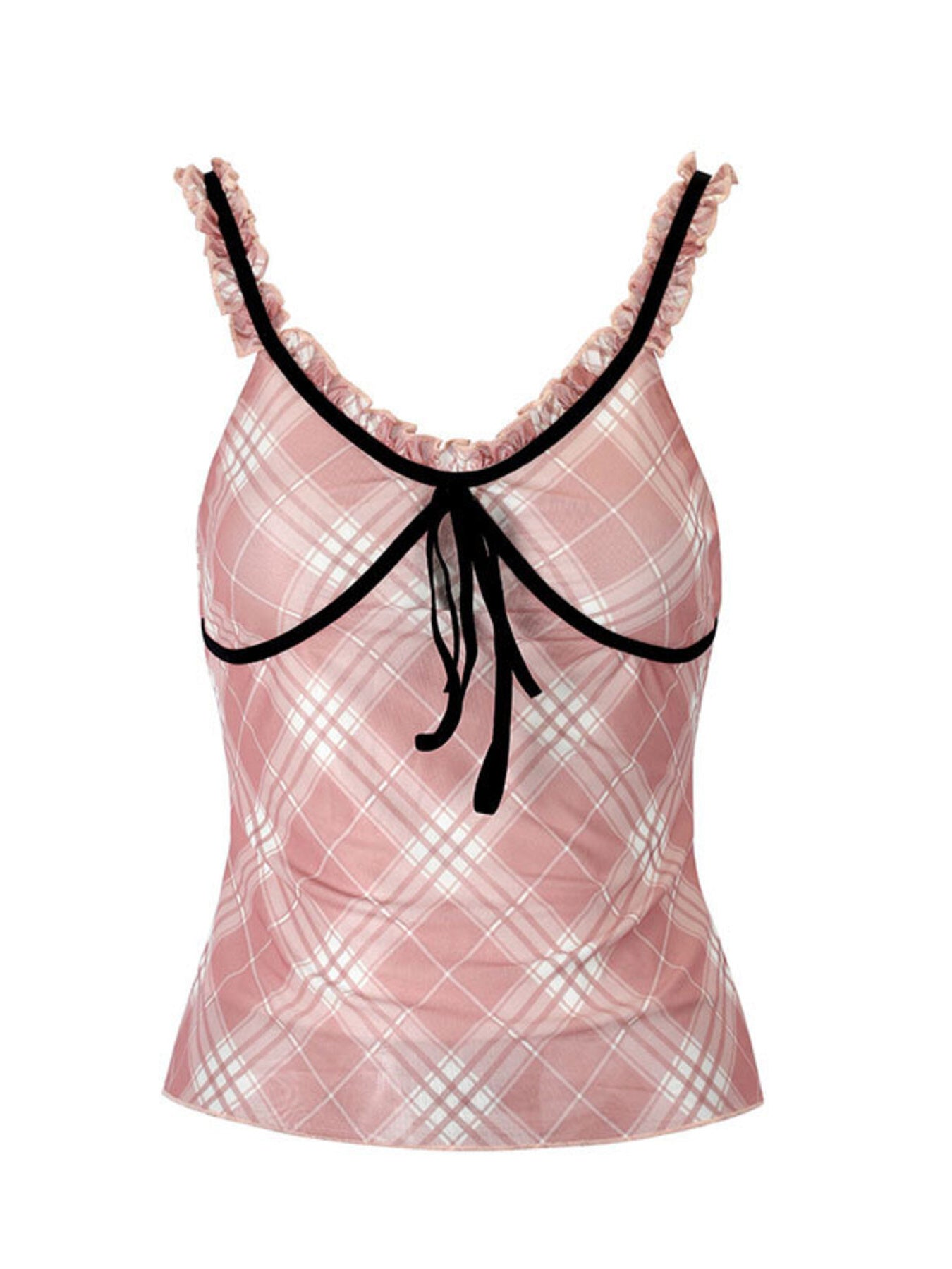 Pink plaid tank top with black trim on a white background