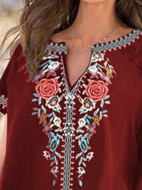 Close-up of a red embroidered top with floral patterns