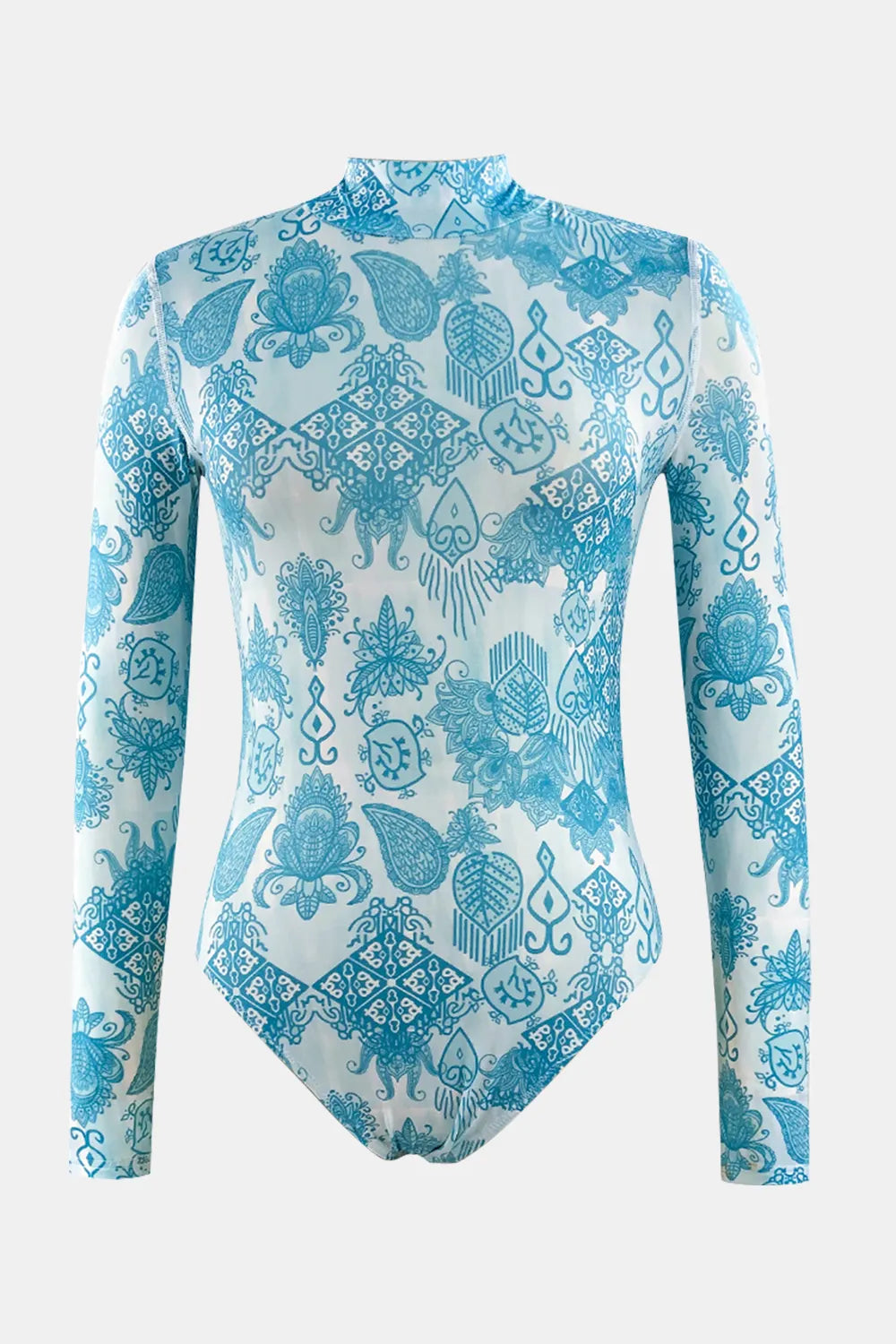 Blue and white patterned leotard on a white background