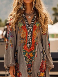 Colorful embroidered dress with intricate patterns worn by a person outdoors.