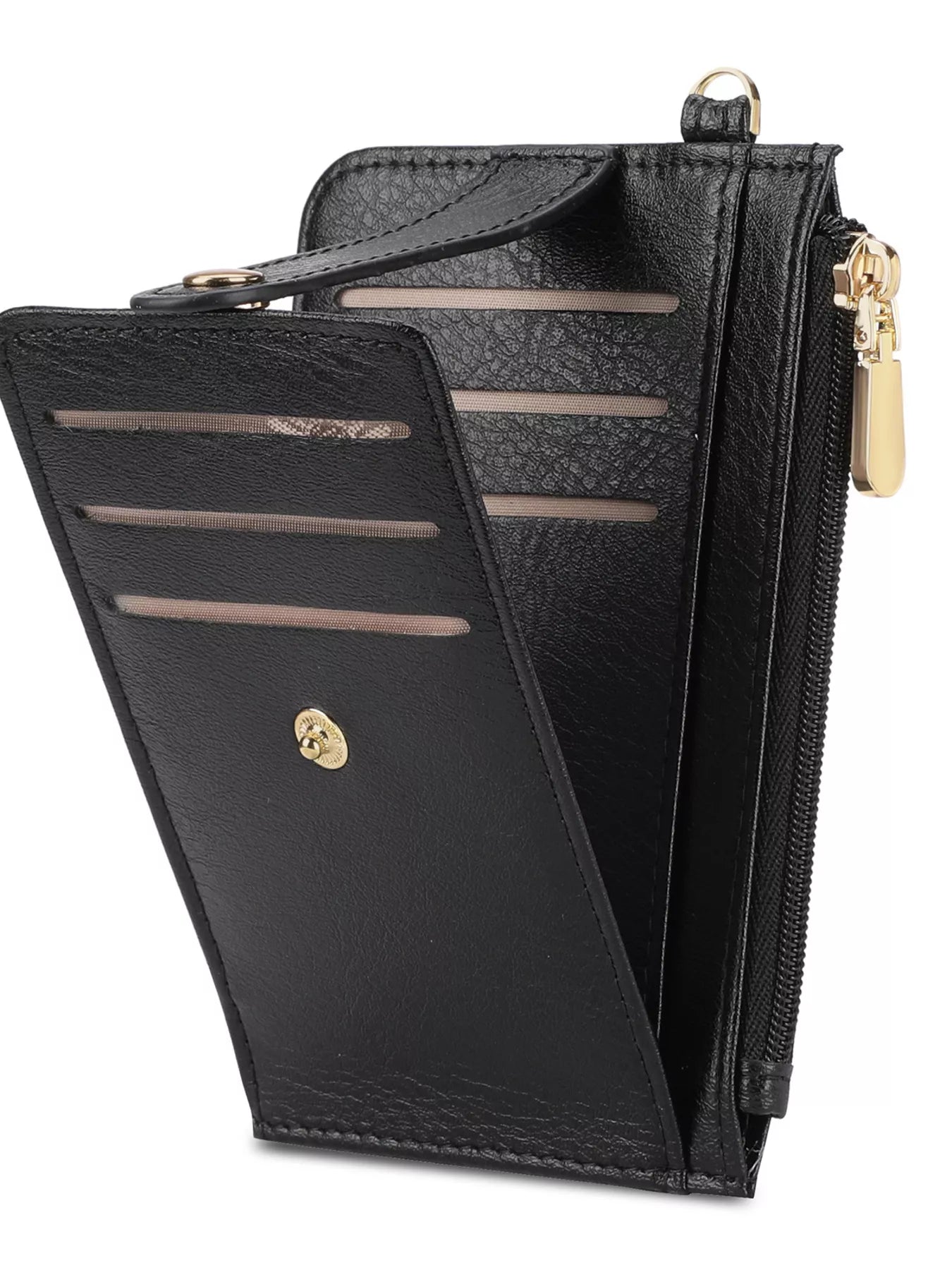 Black leather wallet with gold accents on a white background