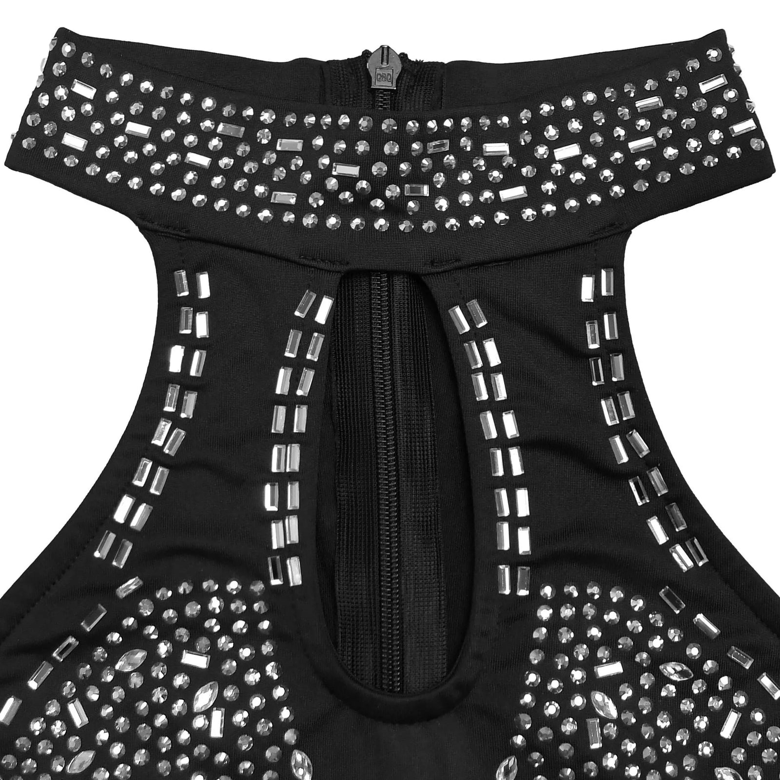 Black outfit with silver rhinestone embellishments on a white background