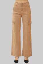 Tan cargo pants on a gray background