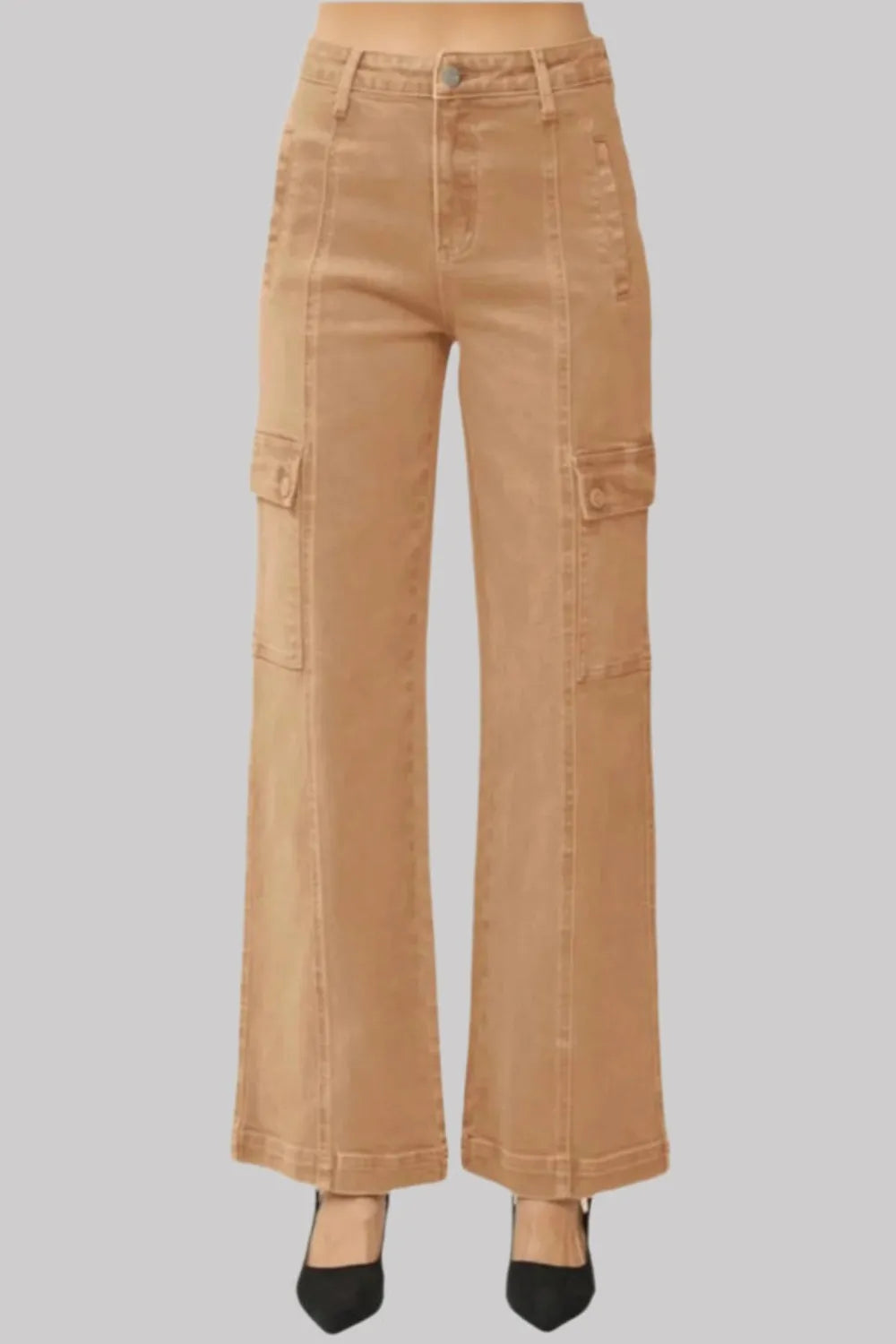 Tan cargo pants on a gray background
