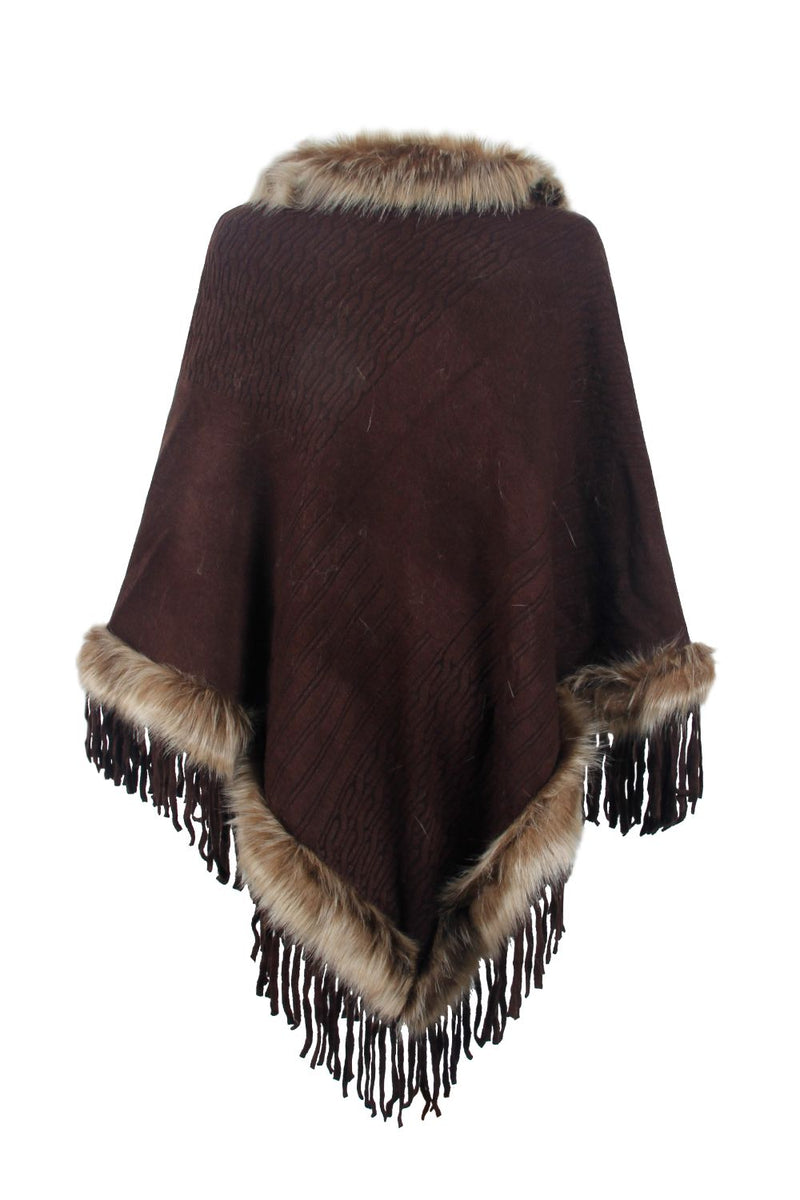 Brown poncho with fur trim on a white background