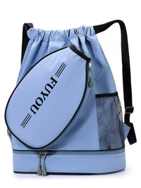 Light blue drawstring backpack with black straps and mesh side pocket on a white background