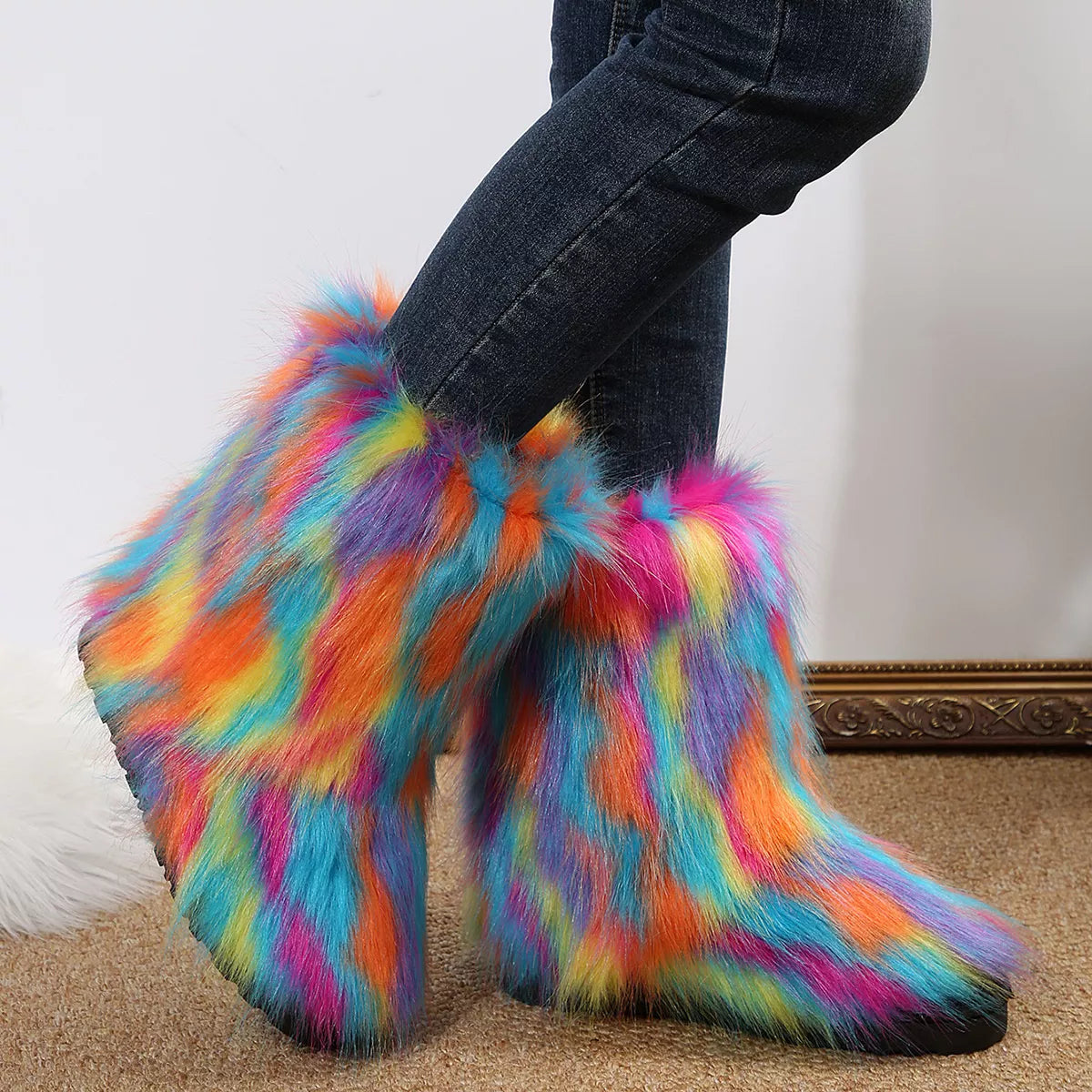 Multicolored fuzzy leg warmers worn over jeans on a neutral background