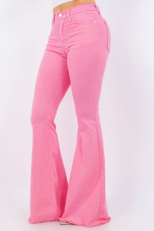 view of the side of Bell Bottom Jean in Pink