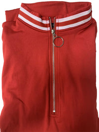 Red tracksuit with white stripes on the hood and a silver zipper on a white background