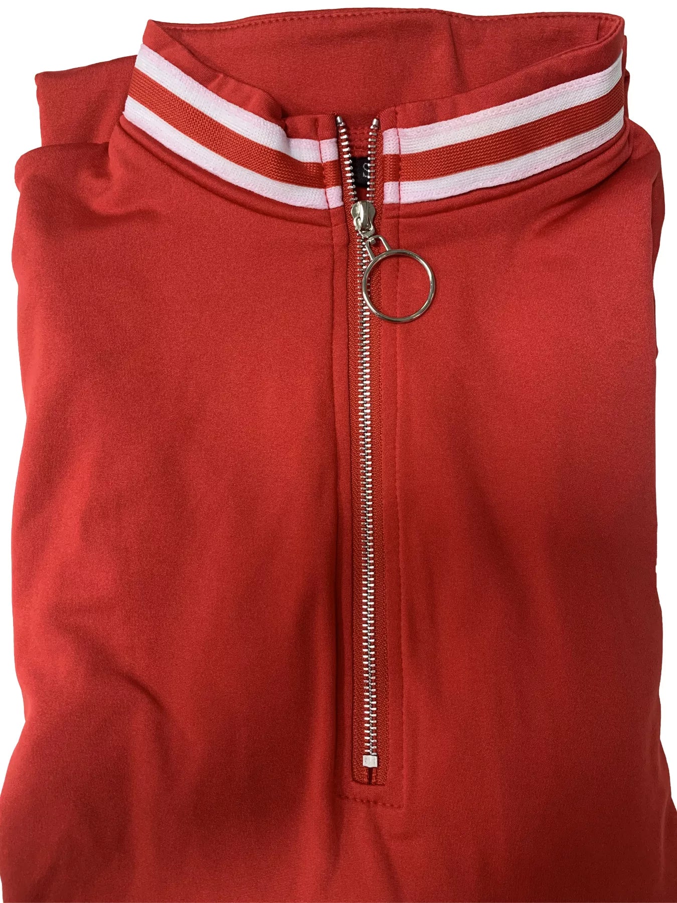Red tracksuit with white stripes on the hood and a silver zipper on a white background