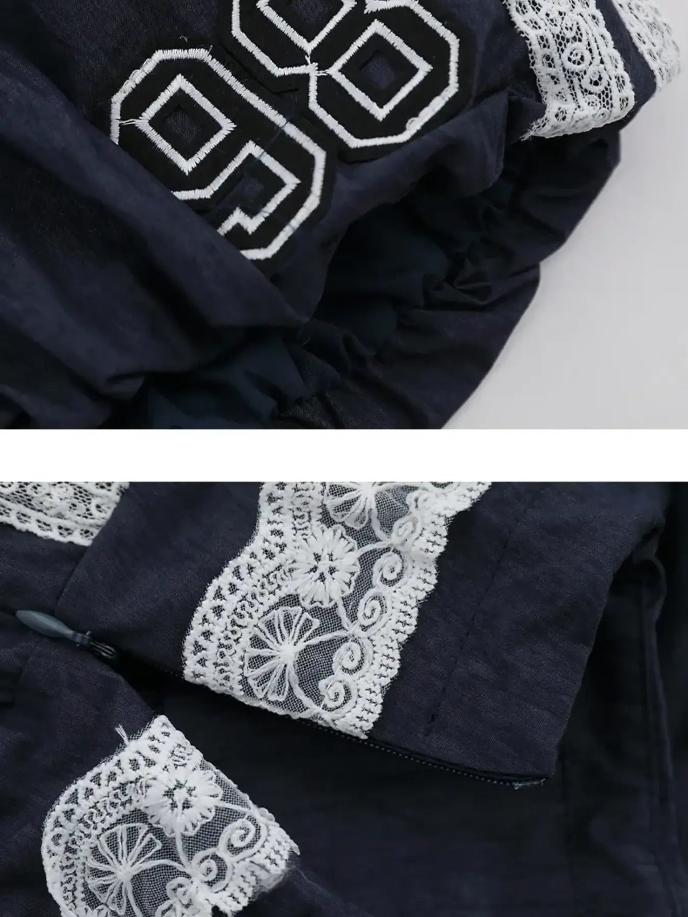 Navy blue fabric with white lace detailing on a light gray background