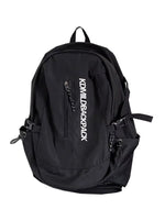 Black backpack with 'KONWIL' branding on a white background