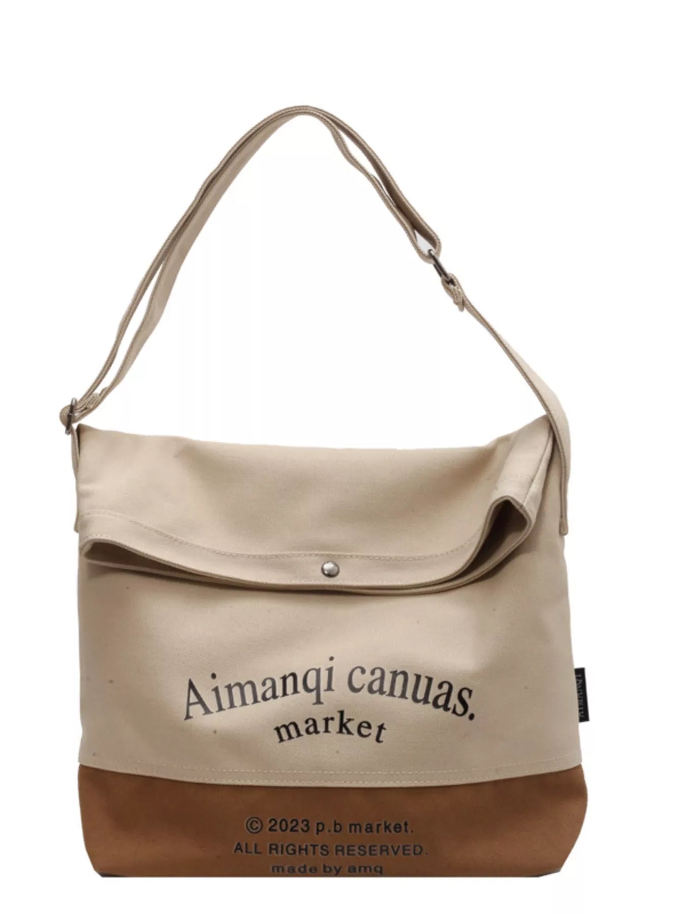 Beige and brown handbag with 'Aimanqi canuas. market' branding on a white background